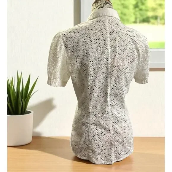 Escada white eyelet short-sleeved shirt rhinestone-embellished buttons size 38 - Picture 2 of 11